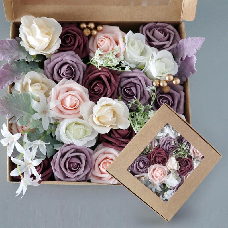 Simulation Box Flower Valentine's Day Gift Box Flower Head with Rod DIY Bridal Hand Bouquet
